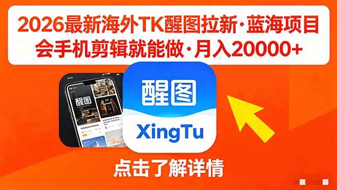 26年最新海外Tk醒图拉新，蓝海项目，会手机剪辑就可以做，月入20000＋