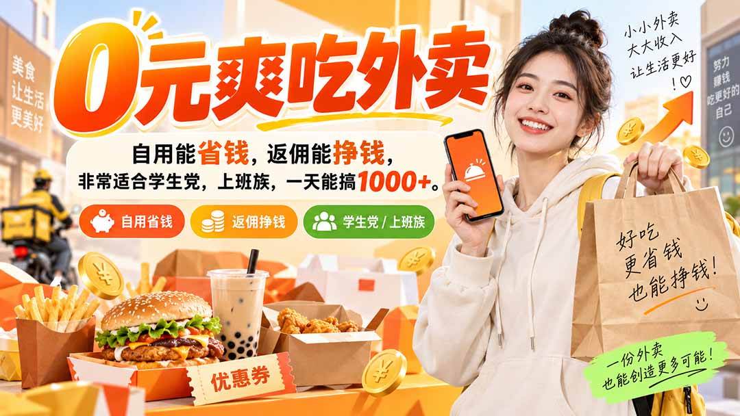 0元爽吃外卖，自用能省钱，返佣能挣钱，非常适合学生党，上班族，一天能搞1000+