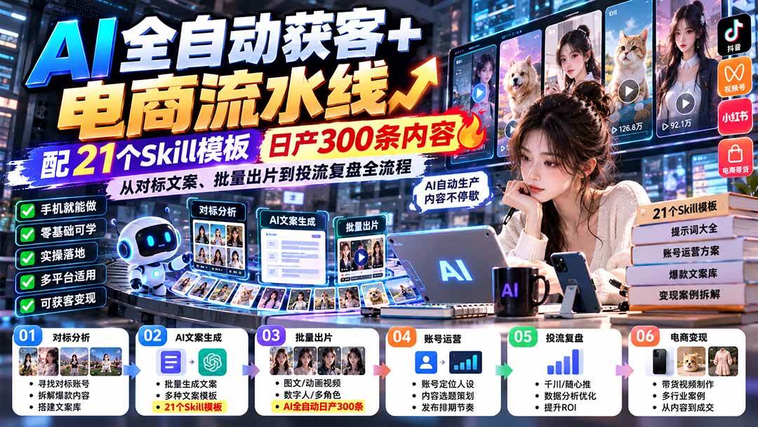【无水印】AI全自动获客+电商流水线-更新0929：配21个Skill模板，日产300条内容，从对标文案、批量出片到投流全流程