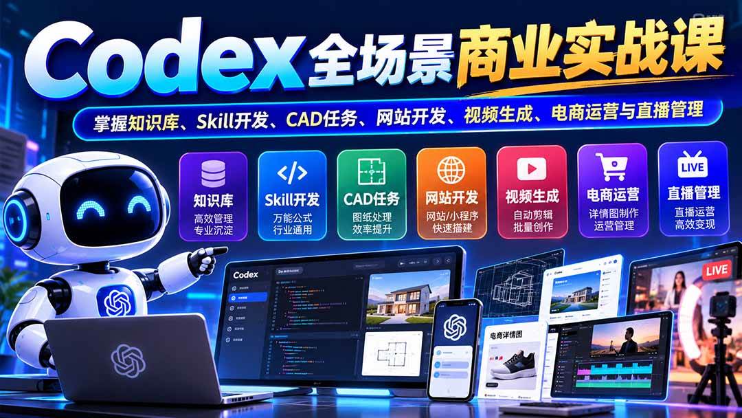 【无水印】Codex全场景商业实战课：掌握知识库、Skill开发、CAD任务、网站开发、视频生成、电商运营与直播管理
