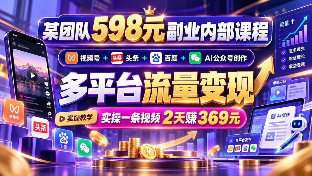 某团队598元副业内部课程：视频号+头条+百度+AI公众号创作、多平台流量变现，实操一条视频2天赚369元
