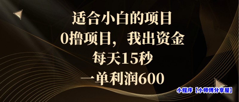 适合小白的项目，0撸项目，我出资金，每天15秒，一单利润600(适合小白做的副业)