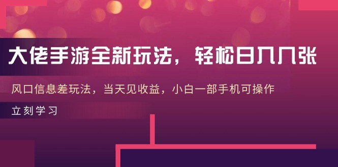 大佬手游全新玩法，轻松日入几张，风口信息差玩法，当天见收益