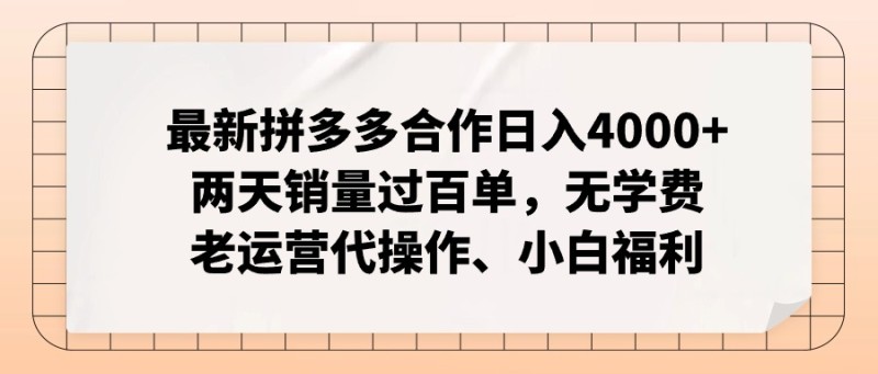 最新拼多多合作日入4000+两天销量过百单，无学费、老运营代操作、小白福利