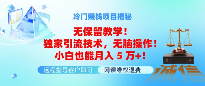 冷门赚钱项目无保留教学！独家引流技术，无脑操作！小白也能月入5万+！